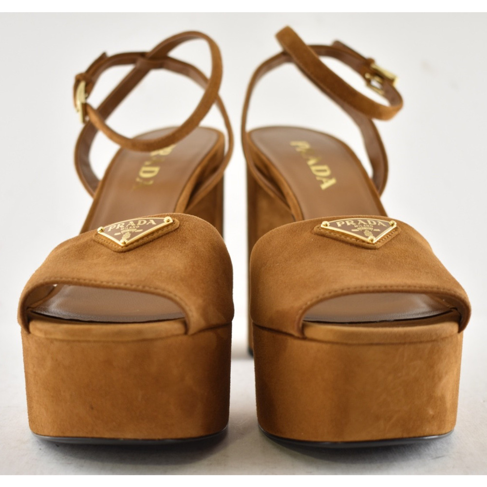 Prada 115mm Cognac Brown Suede Platform Sandal Ankle Strap Block Heel Pump 38.5 - Picture 12 of 16